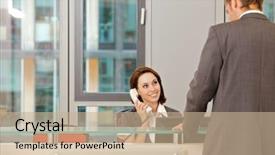  Presentation with secretary - PPT theme enhanced with front desk clerk - young caucassian secretary assisting businessman background and a coral colored foreground