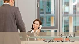  Presentation with secretary - Slides with front desk clerk - young caucassian secretary assisting businessman background and a coral colored foreground