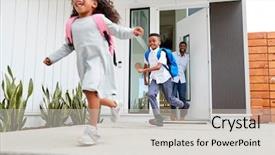  Presentation with children running - Slide deck having front door on way background and a light gray colored foreground