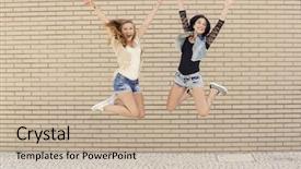  Presentation with young athletes box jumping - Colorful presentation theme enhanced with stock of cars in showroom of automobile dealer backdrop and a  colored foreground.