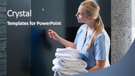  Presentation with essential service capability skill - Audience pleasing presentation design consisting of front of a room door backdrop and a ocean colored foreground