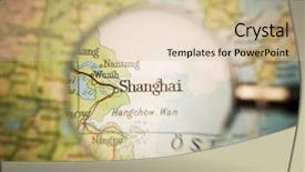  Presentation with blonde holds a magnifying glass - Beautiful PPT theme featuring front of a shanghai map backdrop and a soft green colored foreground