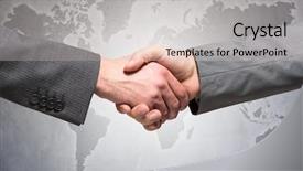  Presentation with shaking hands - Amazing PPT theme having europe america - businessmen shaking hands in front backdrop and a light gray colored foreground