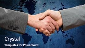  Presentation with shaking hands - Audience pleasing presentation design consisting of front of a world backdrop and a navy blue colored foreground