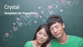  Presentation with married couple hearts - Colorful presentation design enhanced with board on dark wooden table backdrop and a tawny brown colored foreground