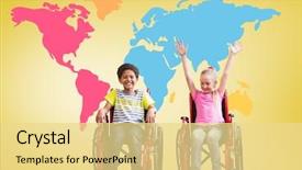  Presentation with wheelchairs - Presentation design with front of colorful world map background and a blonde colored foreground