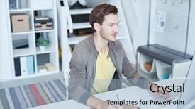  Presentation with front desk - Beautiful presentation theme featuring front of computer monitor backdrop and a light blue colored foreground