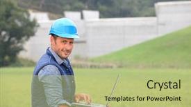  Presentation with dam construction - Amazing PPT theme having front of dam under construction backdrop and a mint green colored foreground