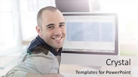  Presentation with management - PPT theme enhanced with front of desktop computer background and a light gray colored foreground