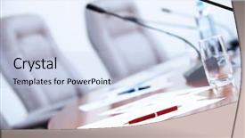  Presentation with microphones - PPT theme enhanced with front of empty chairs background and a light blue colored foreground