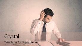  Presentation with office desk reception - Cool new slide deck with front of empty clear background backdrop and a  colored foreground