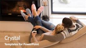  Presentation with romantic birthday couple celebrate - Presentation theme with front of fireplace at home background and a coral colored foreground