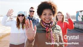  Presentation with people street - Slide deck with front of her friends waving background and a coral colored foreground