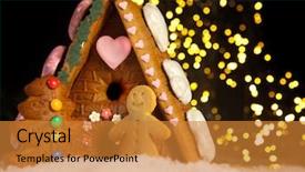  Presentation with gingerbread man - Beautiful PPT layouts featuring front of his candy house backdrop and a gold colored foreground