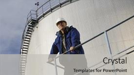  Presentation with oil tanks - Slide set having front of oil-storage-tank background and a light gray colored foreground