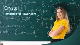  Presentation with mathematical physics - Presentation design with young female student in front of the chalkboard background and a ocean colored foreground