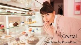  Presentation with business woman standing on maze - PPT theme featuring front of the glass showcase background and a coral colored foreground