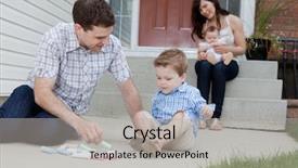  Presentation with baby sitting - Amazing presentation design having young father and son drawing with chalk and mother sitting with baby at background in front of their house backdrop and a light gray colored foreground