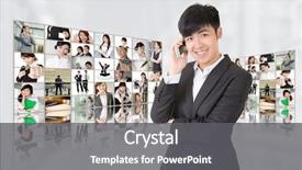  Presentation with social business people network - Audience pleasing presentation design consisting of young businessman talk on phone and stand in front of tv screen wall showing pictures of business concept by asian business people concepts about business communication teamwork or social network backdrop and a light gray colored foreground