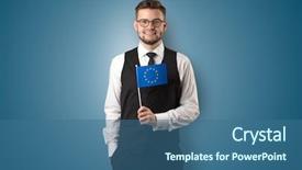  Presentation with national flag of chicago - Beautiful PPT theme featuring design european union - cheerful student standing in front backdrop and a  colored foreground