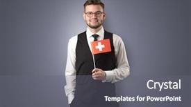  Presentation with wall - PPT theme with free switzerland - cheerful student standing in front background and a  colored foreground