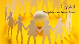  Presentation with cutout paper people standing around globe holding hands - Amazing PPT theme having front of white ball brotherhood backdrop and a yellow colored foreground