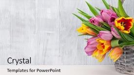  Presentation with paper quilling colorful paper flowers - Audience pleasing presentation design consisting of front of wooden wall view backdrop and a light gray colored foreground