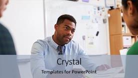  Presentation with adult education - Slide set with front office - serious teacher at desk talking background and a light blue colored foreground