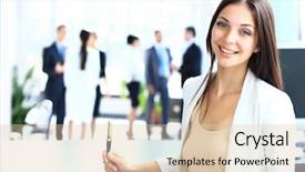  Presentation with front office - Amazing slide set having front office - young businesswoman and her colleagues backdrop and a lemonade colored foreground