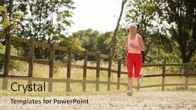  Presentation with triathlon run woman - Colorful theme enhanced with front runner - healthy senior woman enjoying run backdrop and a coral colored foreground