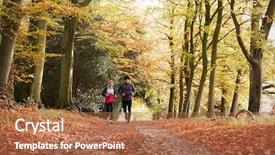  Presentation with autumn - Theme having front runner - mature couple running through autumn background and a coral colored foreground