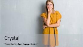  Presentation with thinking - Theme enhanced with front view - beautiful young woman standing background and a light gray colored foreground