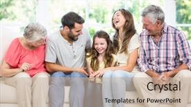  Presentation with home black family - Cool new slides with front view - cheerful family sitting on sofa backdrop and a soft green colored foreground