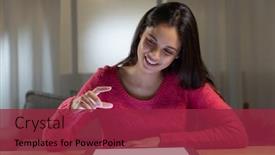  Presentation with illuminated - PPT layouts with front view close up of a happy young caucasian woman sitting at table using a tablet computer at home looking and smiling with her hand raised above the illuminated screen as if holding or touching background and a violet colored foreground