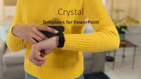  Presentation with smartwatch - Audience pleasing PPT layouts consisting of front view mid section of a young caucasian holding a smartphone and checking her smartwatch in her sitting room backdrop and a gold colored foreground