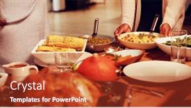  Presentation with thanksgiving dinner - Theme having front view mid section of two young women one sitting at a table and one standing and holding a plate of food to serve her friends at home for thanksgiving dinner background and a red colored foreground