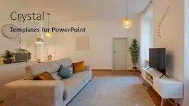  Presentation with living room - PPT theme enhanced with front-view-modern-living-room background and a coral colored foreground