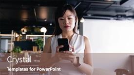  Presentation with smartwatch - Audience pleasing PPT theme consisting of front-view-of-a-businesswoman backdrop and a violet colored foreground