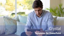  Presentation with computer room - Presentation design enhanced with front-view-of-a-caucasian background and a  colored foreground