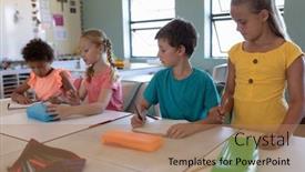  Presentation with diverse classroom - Presentation enhanced with front-view-of-a-diverse background and a coral colored foreground