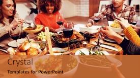  Presentation with thanksgiving dinner - Amazing presentation theme having front view of a group of young adult multi-ethnic male and female friends sitting around a table holding dishes and serving thanksgiving dinner at home together backdrop and a red colored foreground