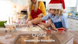  Presentation with gingerbread man - Presentation theme featuring front view of a happy young caucasian mother with her young daughter and son in their kitchen at christmas time making cookies with a baking tray with cooked gingerbread man cookies on it on background and a coral colored foreground