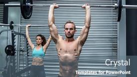  Presentation with weight lifting - Audience pleasing slide set consisting of front view of a muscular couple lifting weight together backdrop and a ocean colored foreground