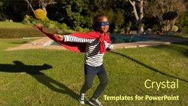  Presentation with superhero - Presentation design having front view of a young african american boy dressed in a superhero costume with a red cape and a blue mask in a garden running with arms outstretched background and a tawny brown colored foreground