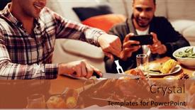  Presentation with thanksgiving dinner - Amazing theme having front view of a young mixed race man sitting at a table for thanksgiving dinner at home with friends carving the turkey a young mixed race male friend taking a photo with his smartphone in backdrop and a red colored foreground