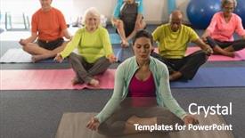  Presentation with senior fitness - Slides featuring front view of active senior people doing yoga with female trainer in fitness studio background and a tawny brown colored foreground