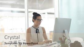  Presentation with front desk - PPT layouts enhanced with front view of asian female graphic designer working on computer at desk in a modern office background and a soft green colored foreground