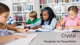  Presentation with anxiety in children - Amazing PPT theme having front view of children coloring in library backdrop and a soft green colored foreground