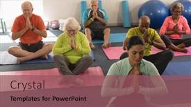  Presentation with senior fitness - PPT theme with front view of concentrated senior people doing yoga with female trainer in fitness studio background and a violet colored foreground