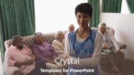  Presentation with senior living - Amazing theme having front view of female doctor standing with arms crossed with senior person behind her on the sofa in living room at nursing home backdrop and a violet colored foreground